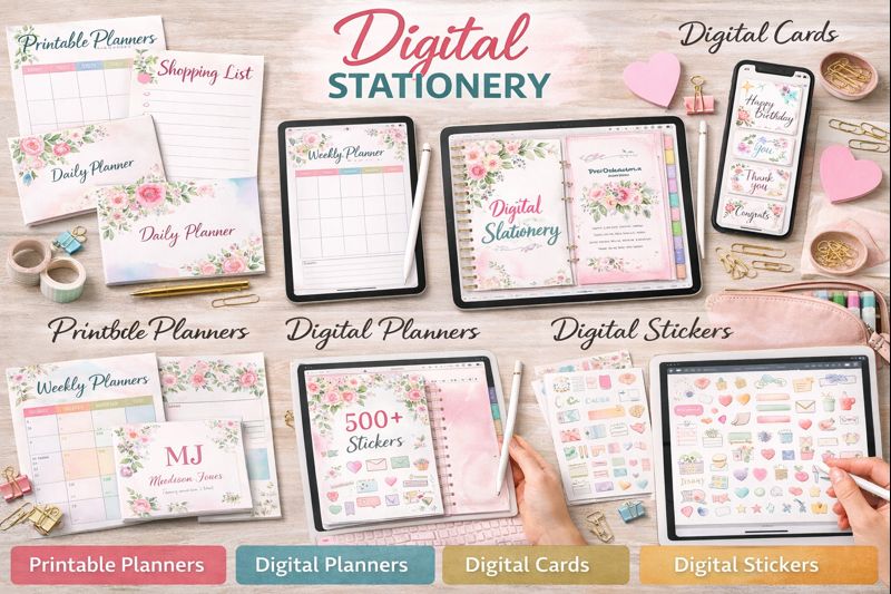a collection of digital stationery items shown in the image.