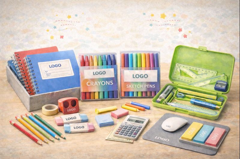 a collection of elementary stationery items kept with each other