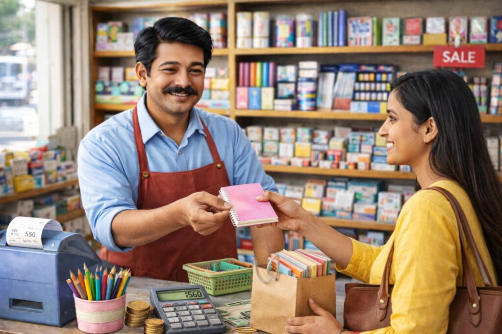 a shopkeeper is selling stationery items to a lady
