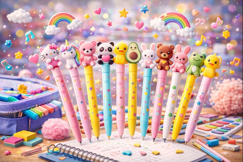 cute stationery pens with some other stationery items shown in the image