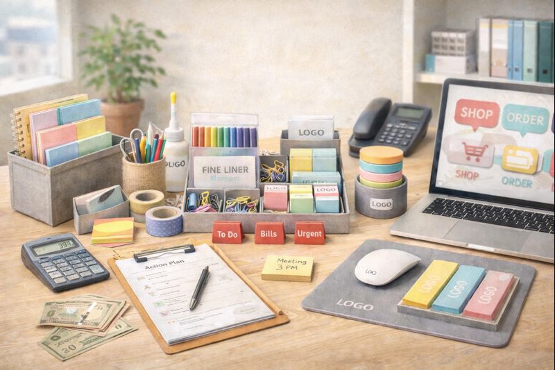 different office stationery items kept on a office desk
