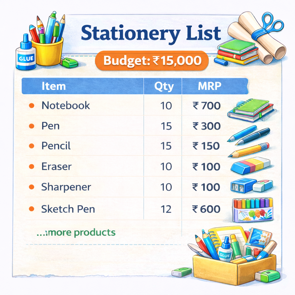 Stationery item list budget 15000 rupees