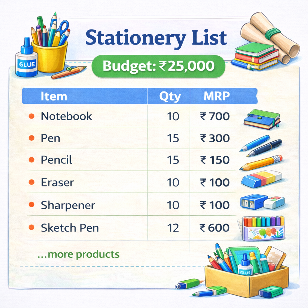 Stationery item list budget 25000 rupees